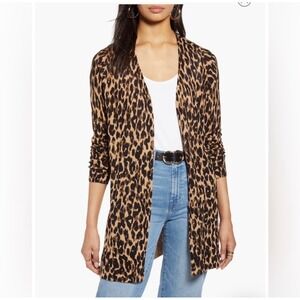 Halogen Leopard Open-Front Long Cardigan  L Animal Print Quiet Luxury Parisian